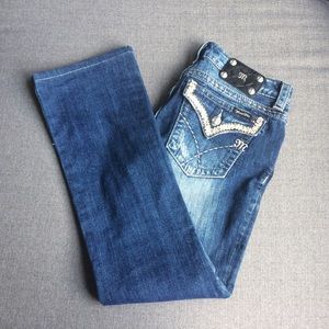 Miss Me Bootcut Jeans w White Leather Bling Detail